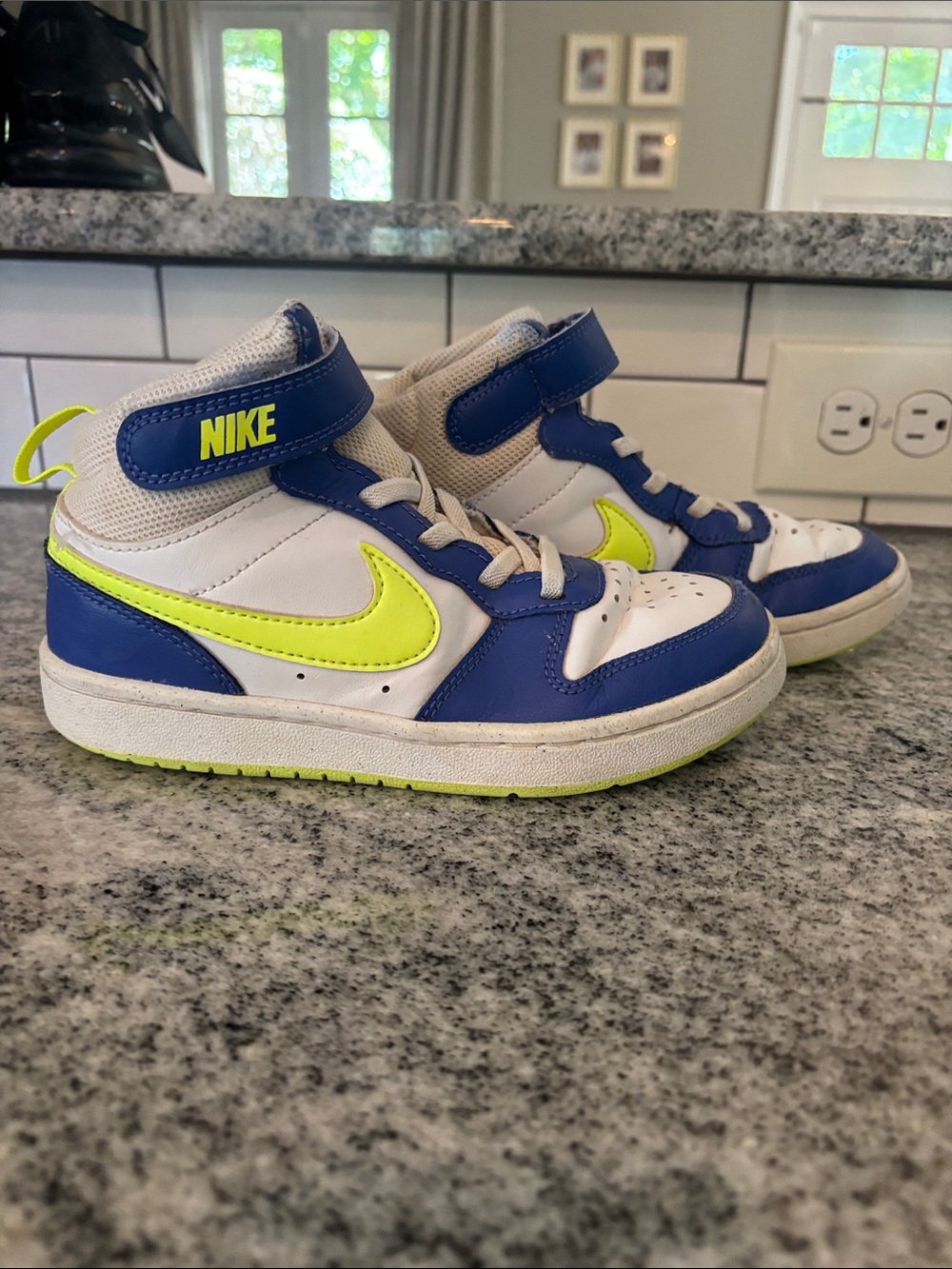 Nike Kids 13.5C High-Top Sneakers in White, Blue & Neon Yellow